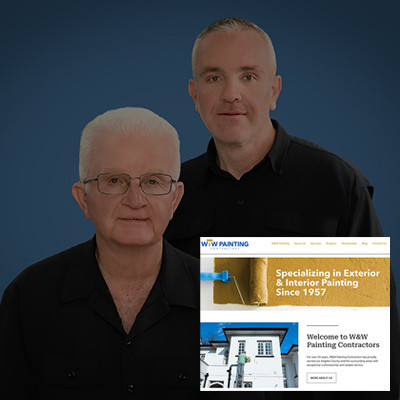 Website design presentation for W&W Painting Contractors featuring the two business owners and the completed company website.