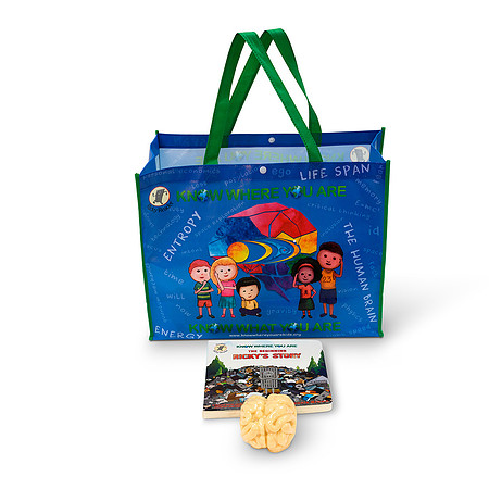 White-background product photograph of a branded Know Where You Are tote bag with a children’s storybook and brain model.
