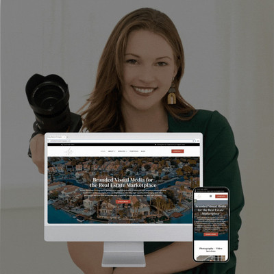 Responsive website design for Ashley Blackmer Photography displayed on desktop and mobile with a photographer holding a camera.