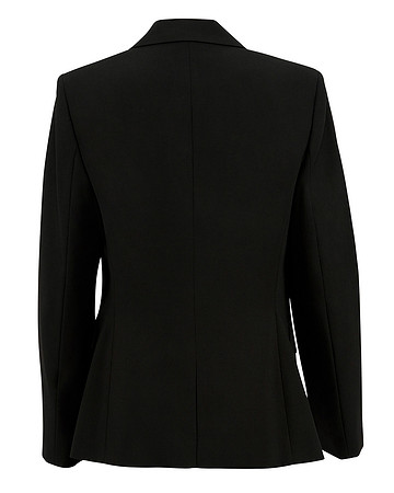 E-commerce apparel photograph of a fitted black blazer shown from the back on white.